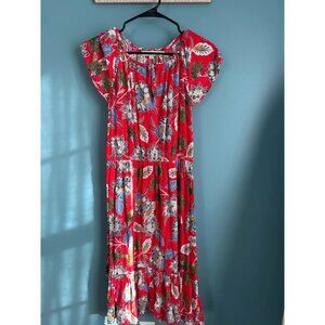Loft Women's Red Floral Flutter Sleeve Summer Midi Dress
